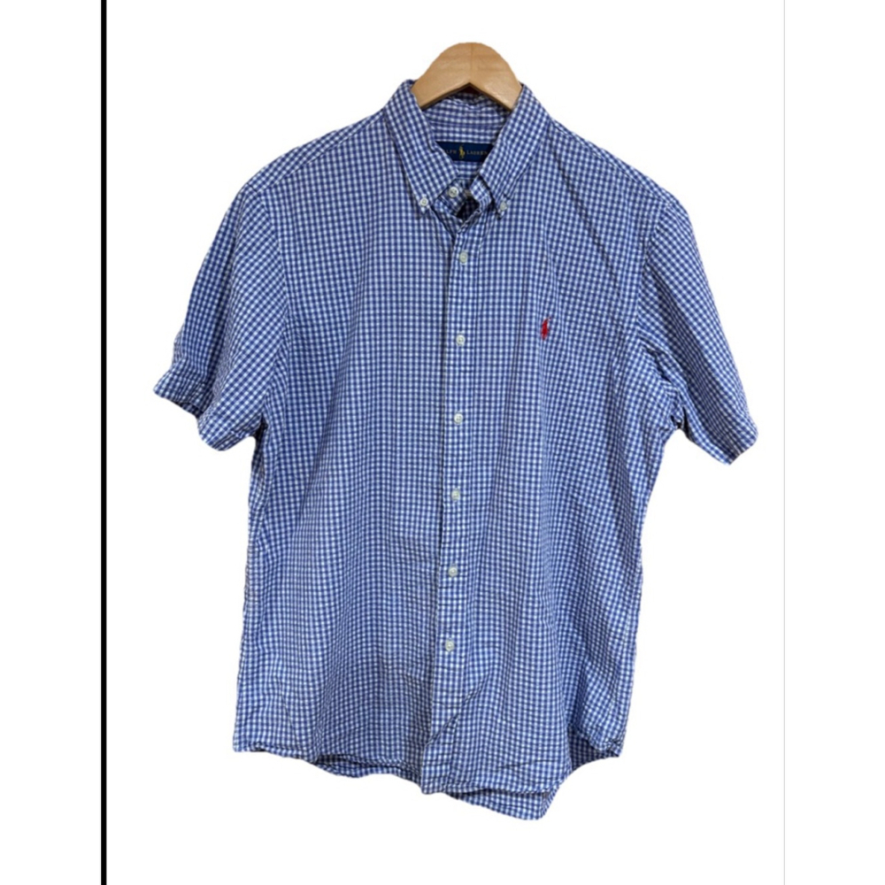 Ralph Lauren Purple White Gingham Button Down Shirt Pony Logo Short Sleeve L
